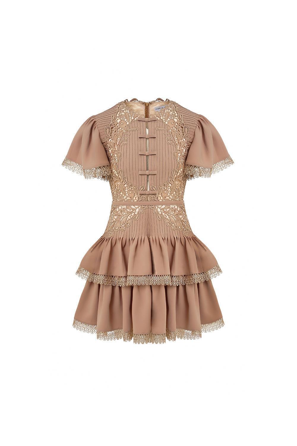 Women's Aurora Layered Flutter Sleeved Polycotton Mini Dress S/M/L Brown  MEAN BLVD