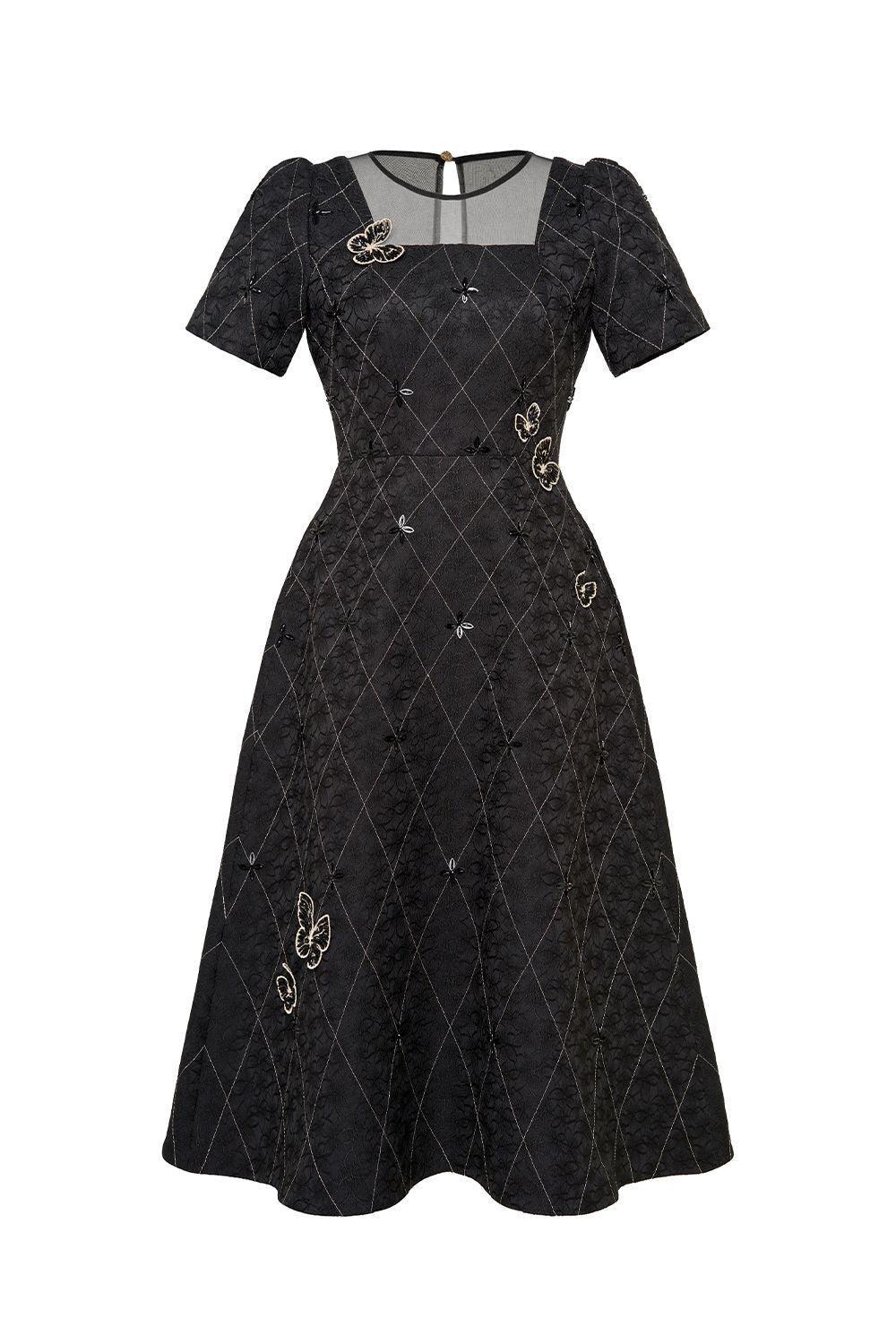 Women's Azalea A-line Round Neck Brocade Midi Dress S/M/L/XL/XXL Black MEAN BLVD Black / XL