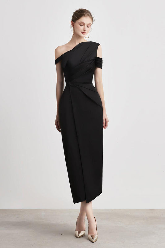 Bauhinia Pencil Pleated Shoulder Silk Spandex Midi Dress - MEAN BLVD