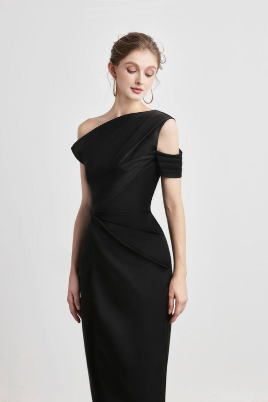Bauhinia Pencil Pleated Shoulder Silk Spandex Midi Dress - MEAN BLVD