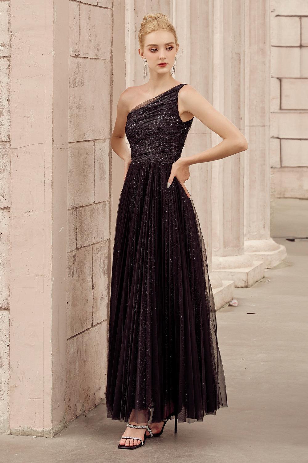 Women's Belle Pleated One Shoulder Tulle Ankle Length Dress S/M/L Black Mean Blvd Black / Customize