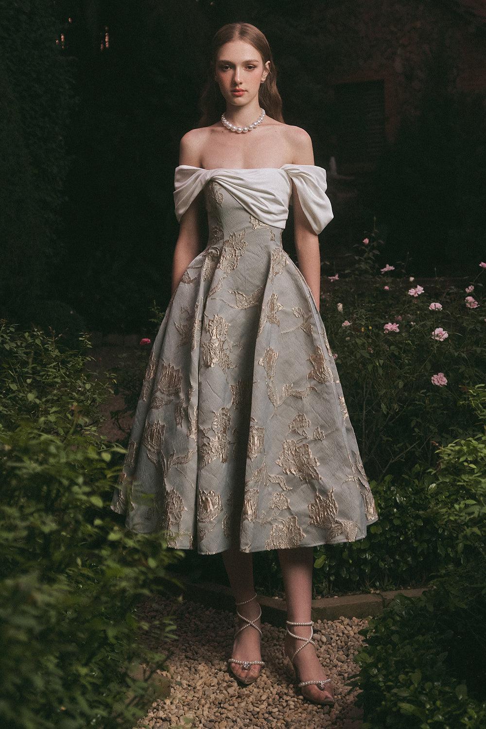 Women's Bertha Fit and Flare Off-Shoulder Brocade Midi Dress XS/XS/S/M/L/XL/Customize Blue Floral Mean Blvd M / Blue / Floral Women's Bertha Fit and Flare Off-Shoulder Brocade Midi Dress XS/XS/S/M/L/XL/Customize Blue Floral Mean Blvd M / Blue / Floral