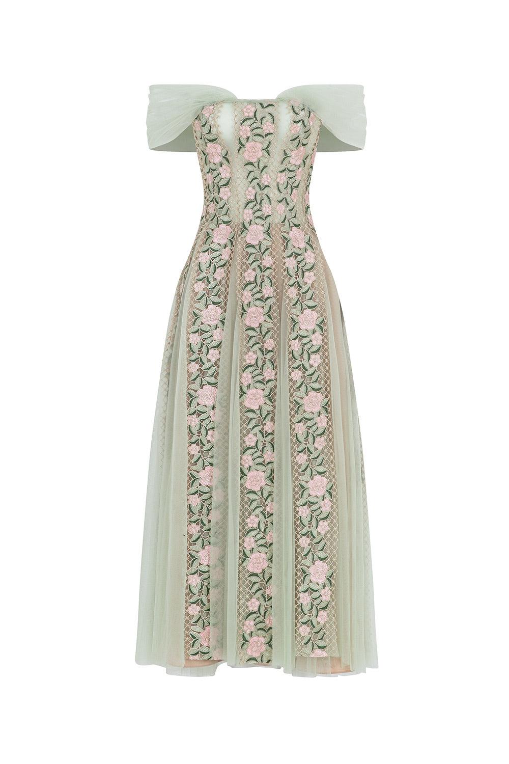 Women's Beverly Gored Off-Shoulder Mesh Lace Calf Length Dress XS/XS/S/M/L/XL/Customize Green Floral Mean Blvd L / Green / Floral