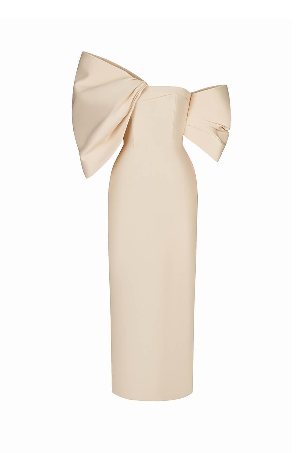 dress bow Women's Danna Sheath Drop Shoulder Polyester Midi Dress XS/S/M/L/XL Camel/Ivory/Black/Red/Pink MEAN BLVD S / Ivory