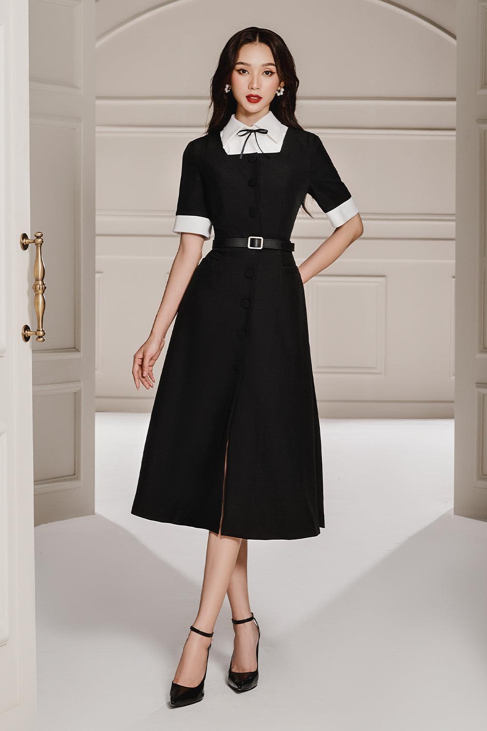 Women's Binky A-line Shirt Collar Linen Cotton Midi Dress S/M/L/Customize Black MEAN BLVD L / Black Women's Binky A-line Shirt Collar Linen Cotton Midi Dress S/M/L/Customize Black MEAN BLVD L / Black