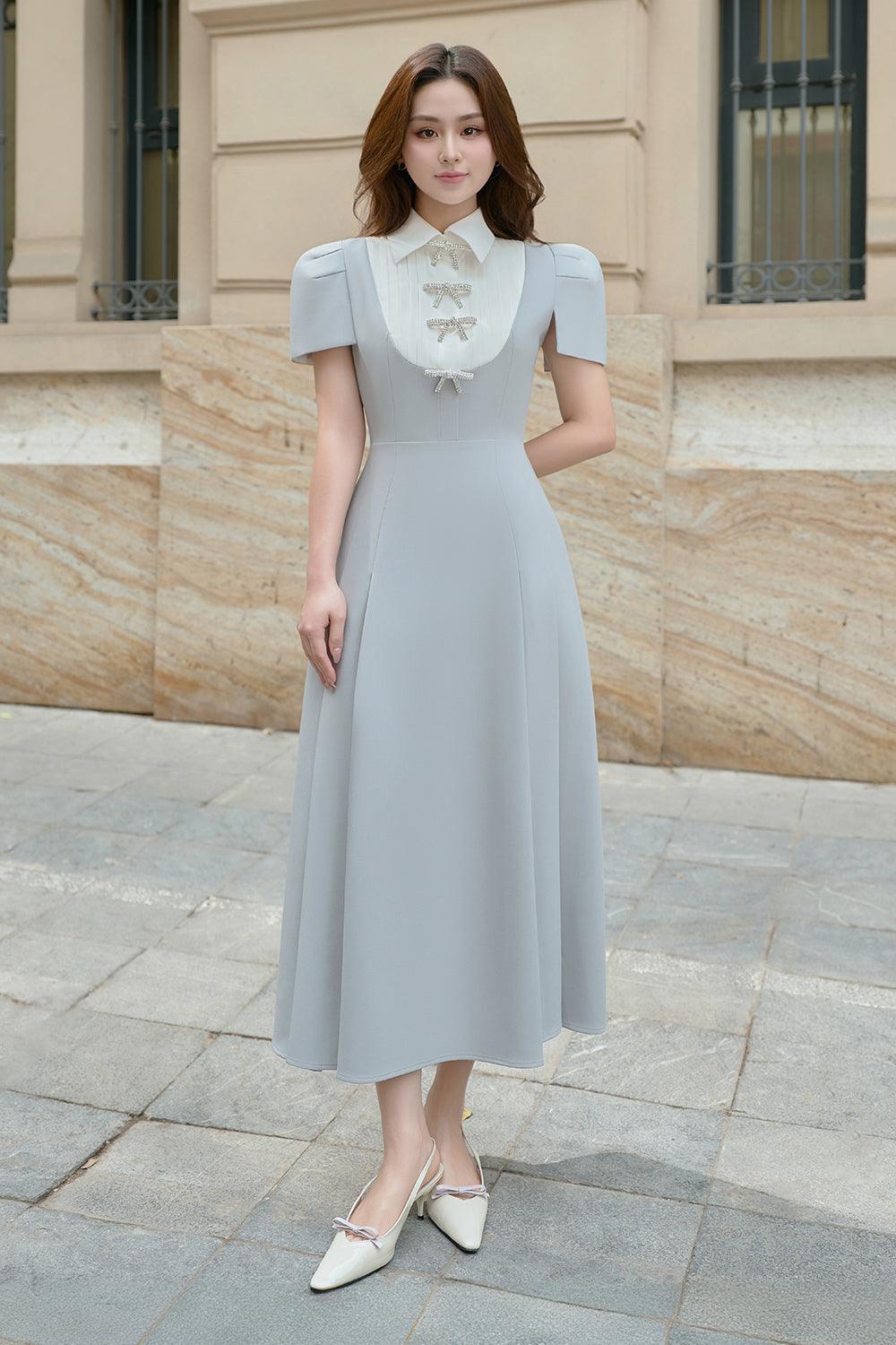 Women's Birdy A-line Bow Linen Cotton Midi Dress S/M/L/Customize Blue Grey MEAN BLVD Blue Grey / M Women's Birdy A-line Bow Linen Cotton Midi Dress S/M/L/Customize Blue Grey MEAN BLVD Blue Grey / M