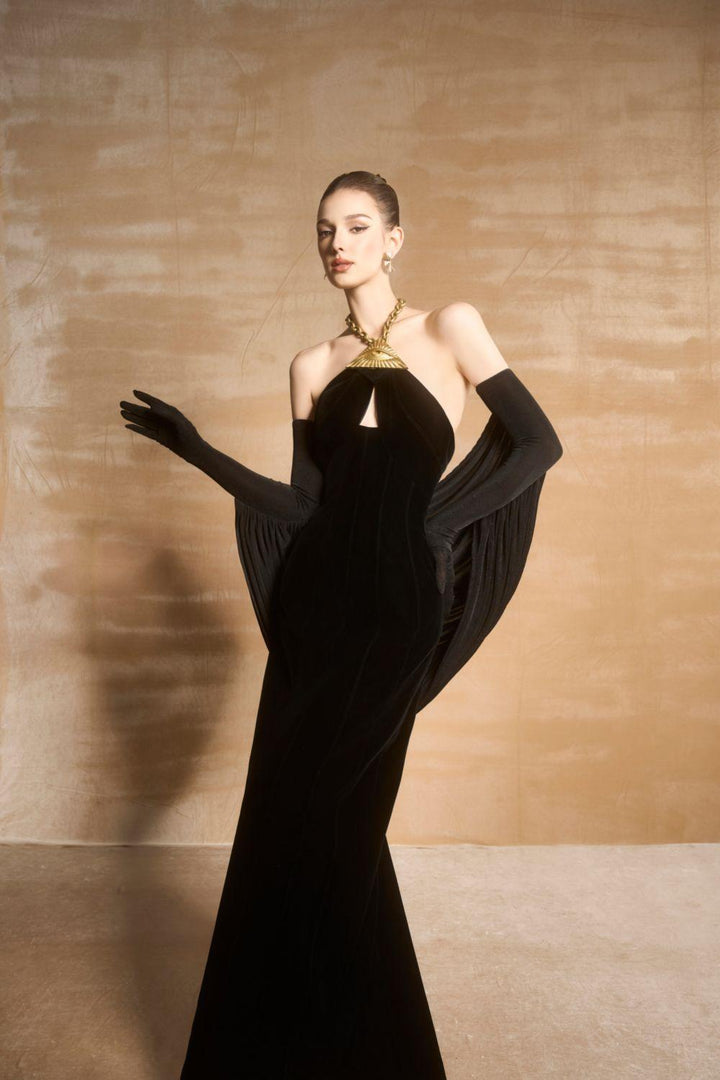 Bisaria Halter Cut-Out Velvet Floor Length Dress - MEAN BLVD