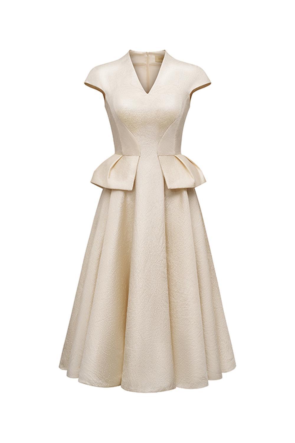 Women's Peplum A-line V-Neck Taffeta Midi Dress S/M/L/XL Yellow Beige MEAN BLVD L / Yellow Beige
