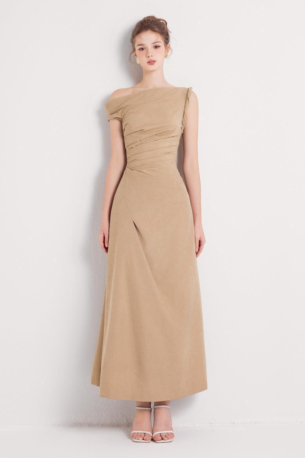 Women's Bliss A-line Asymmetric Sleeved Khaki Silk Ankle Length Dress XS/S/M/L/XL/Customize Brown MEAN BLVD Brown / Customize Women's Bliss A-line Asymmetric Sleeved Khaki Silk Ankle Length Dress XS/S/M/L/XL/Customize Brown MEAN BLVD Brown / Customize