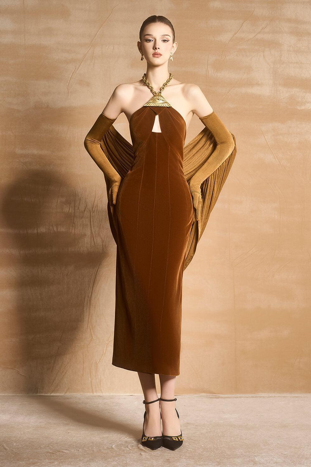 Women's Blitha Halter Sleeveless Velvet Midi Dress S/M/L/XL Brown MEAN BLVD Brown / XL Women's Blitha Halter Sleeveless Velvet Midi Dress S/M/L/XL Brown MEAN BLVD Brown / XL
