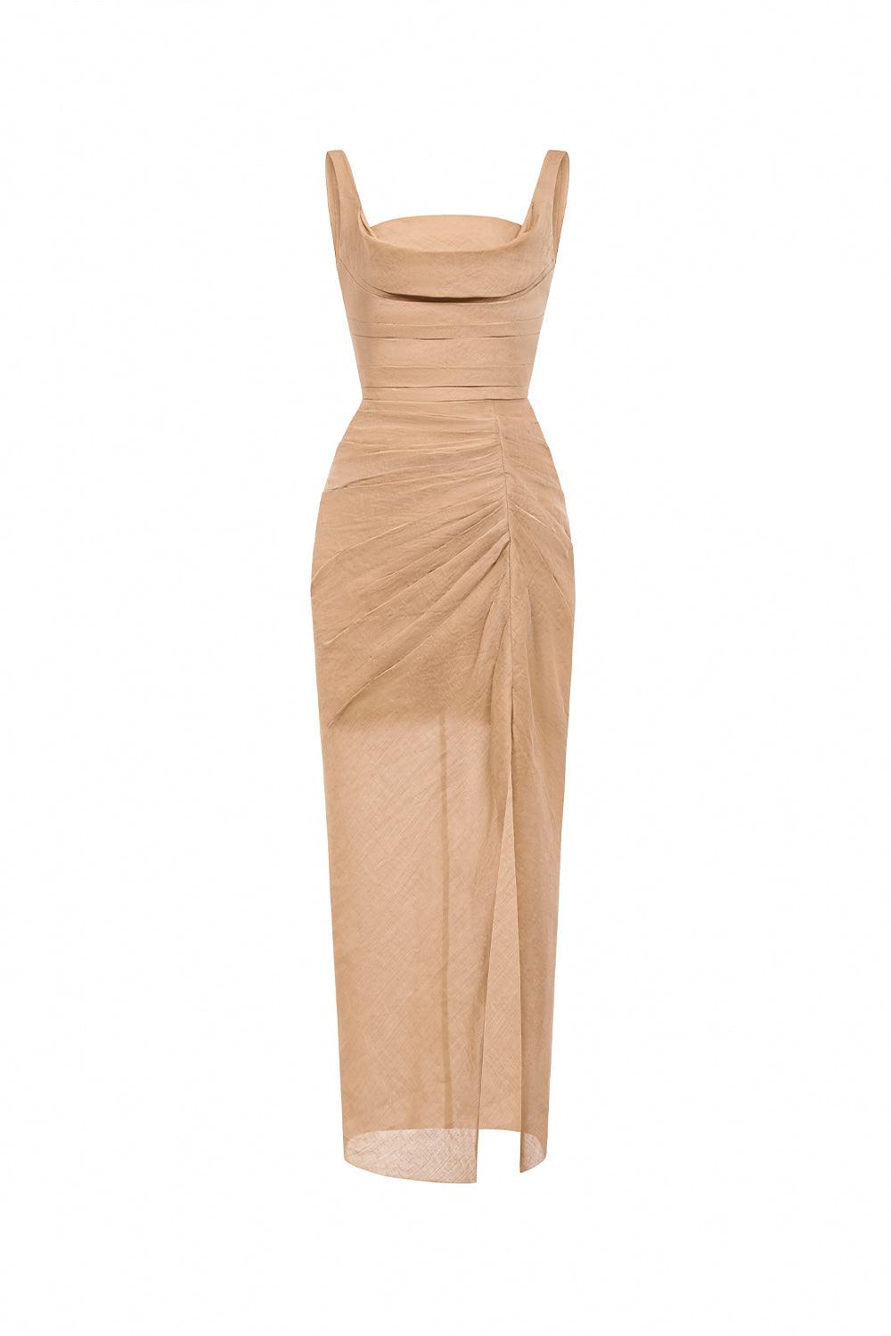 Women's Slit Sleeveless Linen Ankle Length Dress XS/S/M/L/XL Brown MEAN BLVD Women's Slit Sleeveless Linen Ankle Length Dress XS/S/M/L/XL Brown MEAN BLVD