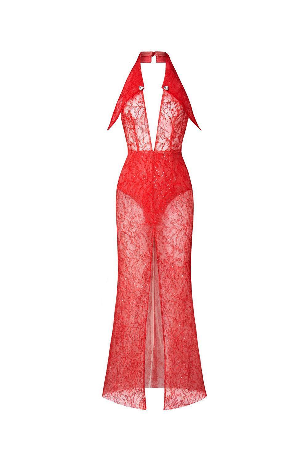 Women's Butterfly Halter V-Neck Lace Maxi Dress XXS/XS/S/M/L Red MEAN BLVD