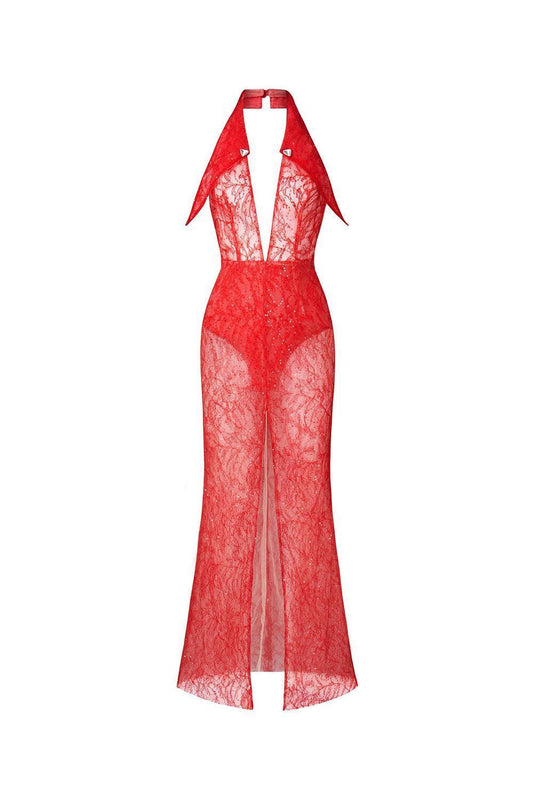 Butterfly Halter V-Neck Lace Maxi Dress - MEAN BLVD