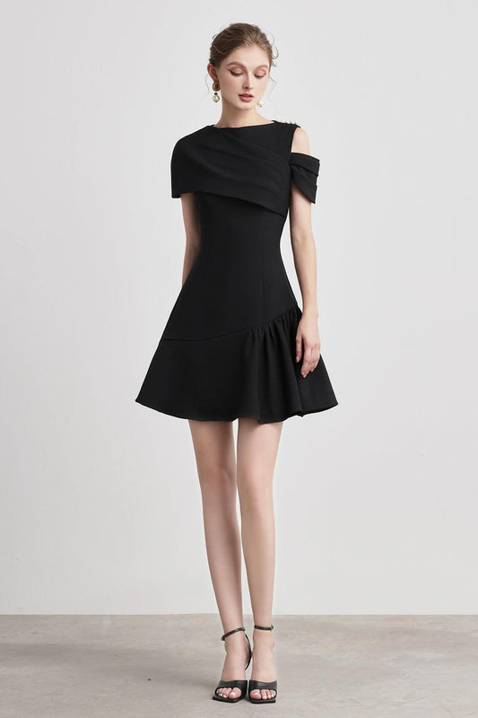 Caballo Fit and Flare Asymmetric Sleeved Twill Mini Dress - MEAN BLVD