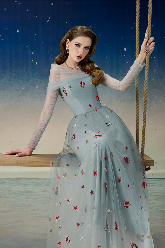 Veloura A-line Cold Shoulder Sleeved Mesh Ankle Length Dress