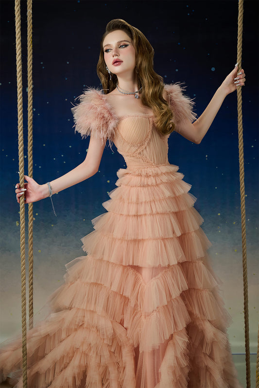 Lyrae Tiered Gathered Mesh Floor Length Dress