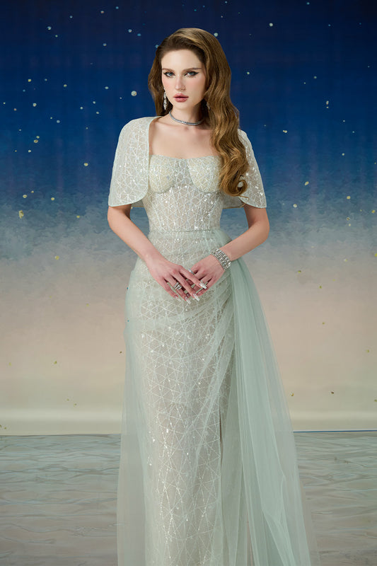 Lyrixa Asymmetric Cape Shoulder Mesh Sequin Floor Length Dress