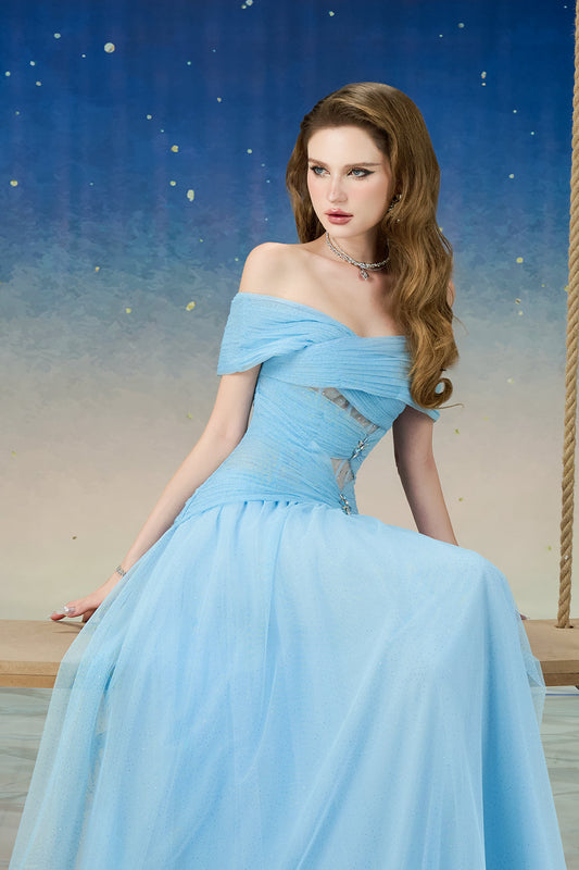 Cometia Fit and Flare Off-Shoulder Mesh Sequin Floor Length Dress