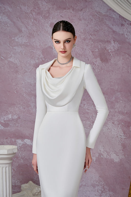 Gleamy Pencil Cowl Neck Silk Satin Calf Length Dress