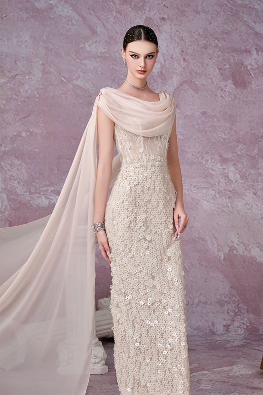 Solviva Sheath Cowl Neck Mesh Lace Ankle Length Dress