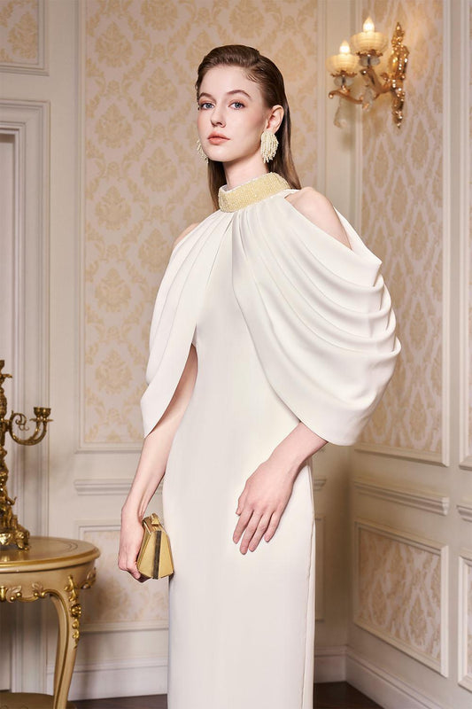 Calliope Sheath Cold Shoulder Sleeved Silk Floor Length Dress - MEAN BLVD