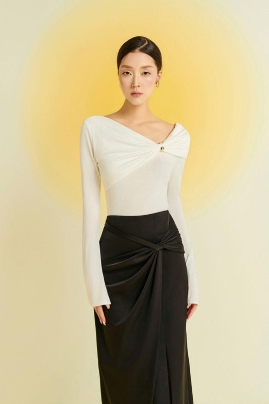 Camellia Asymmetric Twisted Silk Midi Skirt - MEAN BLVD