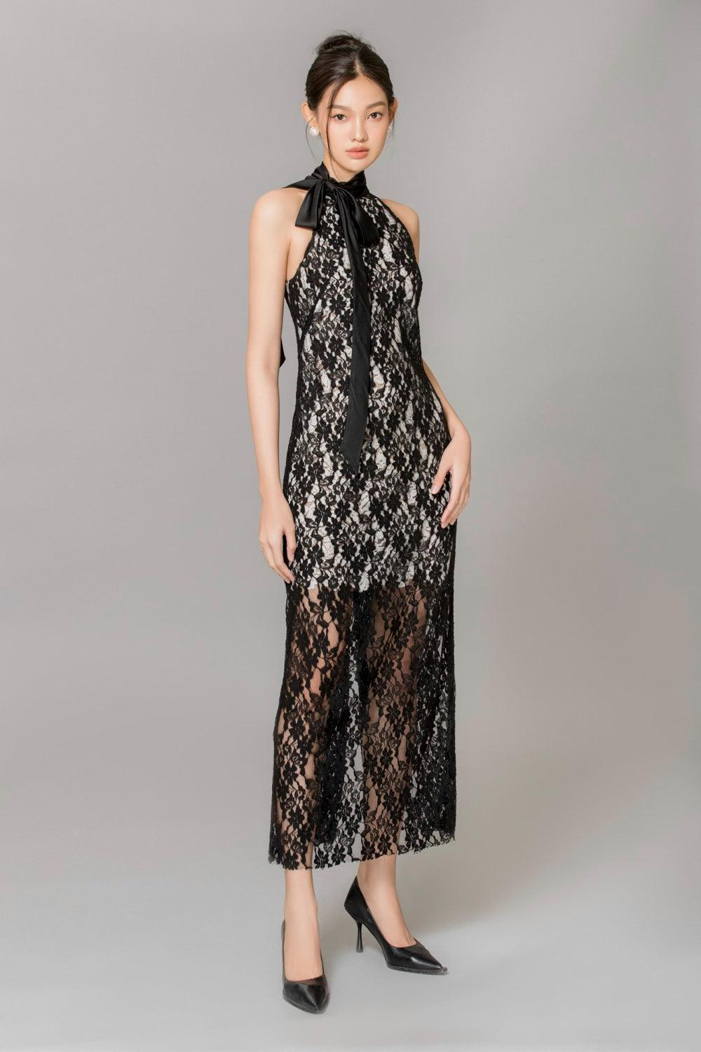 Women's Carly Halter Scarf Neck Lace Ankle Length Dress XS/S/M/L Black MEAN BLVD Black / S Women's Carly Halter Scarf Neck Lace Ankle Length Dress XS/S/M/L Black MEAN BLVD Black / S