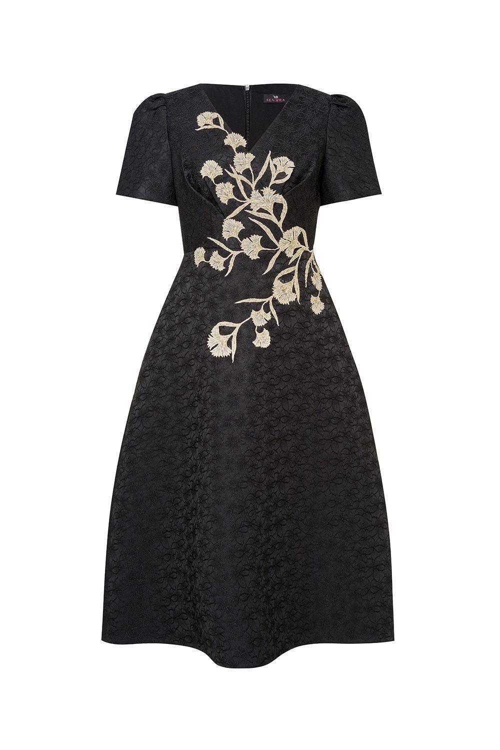Women's Carnation A-Line V-Neck Brocade Midi Dress S/m/l/xl/xxl Black Mean Blvd Black / M Women's Carnation A-Line V-Neck Brocade Midi Dress S/m/l/xl/xxl Black Mean Blvd Black / M