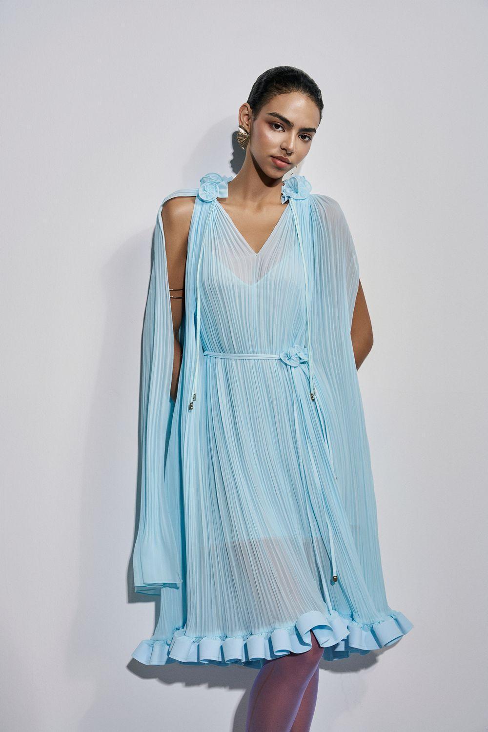 Women's Carnation Drop Waist V-Neck Chiffon Midi Dress S/M/L/XL Red/Ivory/Light Blue/Purple/Light Yellow/Brown/Moss Green/Sage Green/Orange MEAN BLVD