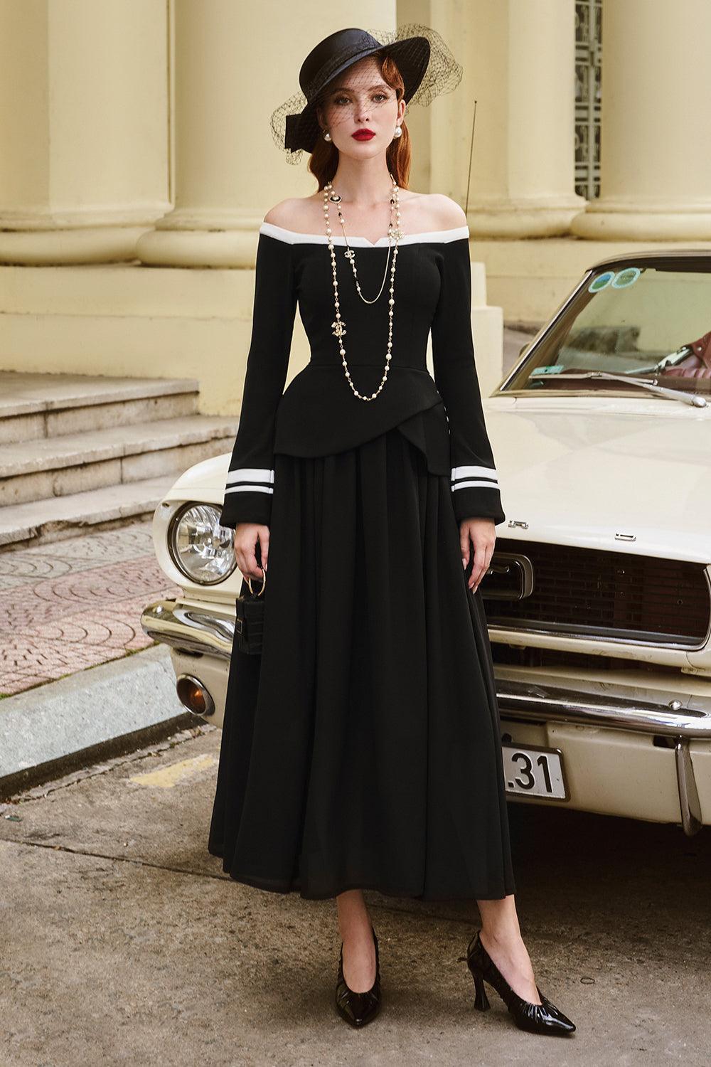 Carolina Peplum Off-Shoulder Rib Knit Midi Dress - L / Black Carolina Peplum Off-Shoulder Rib Knit Midi Dress - L / Black