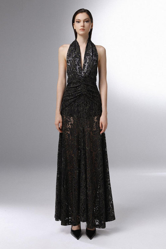 Cascade Halter Waist Pleated Embroidered Lace Ankle Length Dress - MEAN BLVD