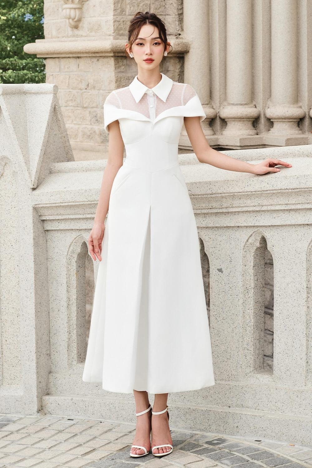 collared white dress Louie Midi in The functional centre front buttons add a touch of vintage appeal White Midi Dress - Collared
