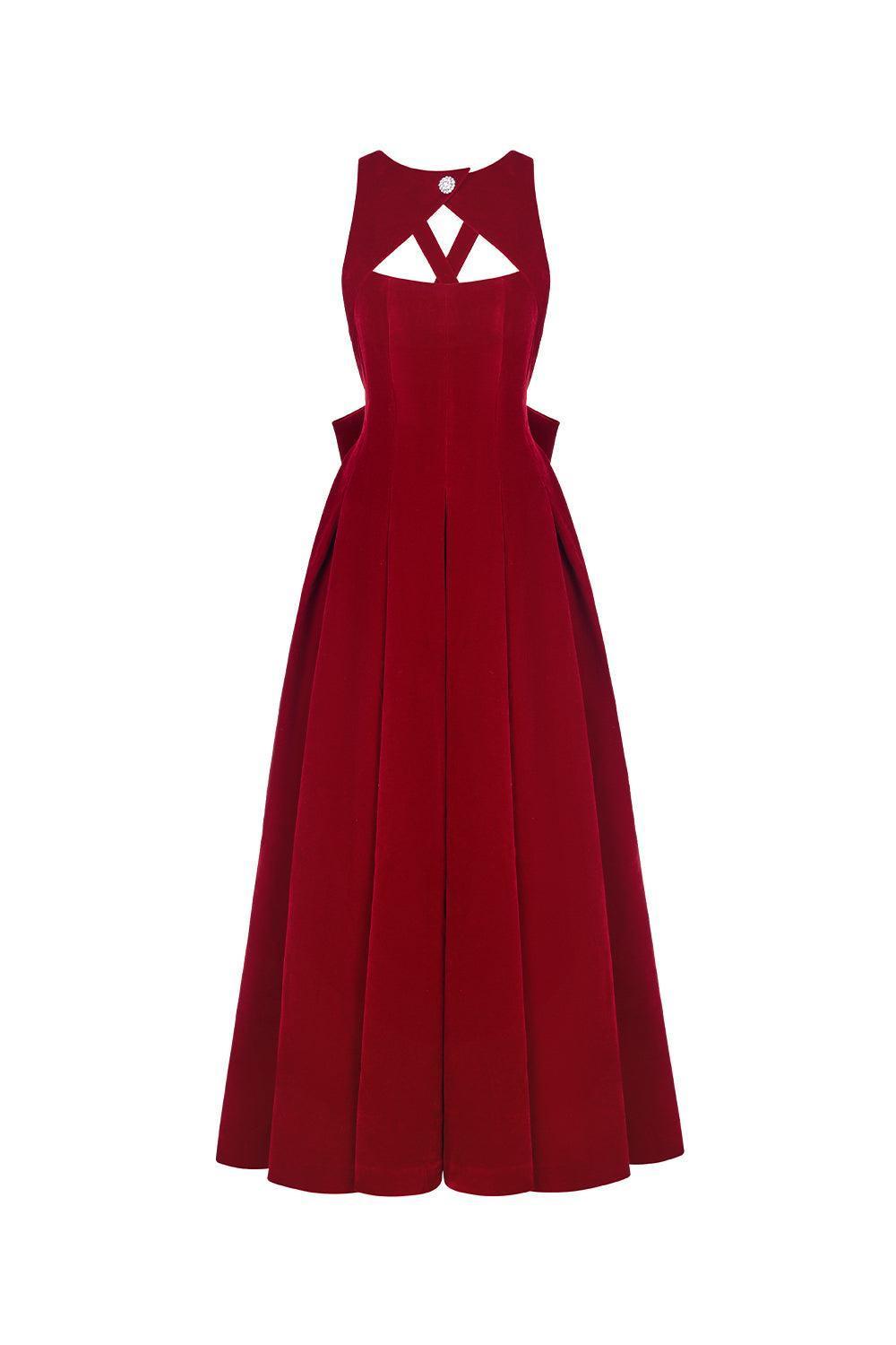 Women's Celine Fit and Flare Pleated Velvet Ankle Length Dress XS/S/M/L Red/Black MEAN BLVD Black / S Women's Celine Fit and Flare Pleated Velvet Ankle Length Dress XS/S/M/L Red/Black MEAN BLVD Black / S
