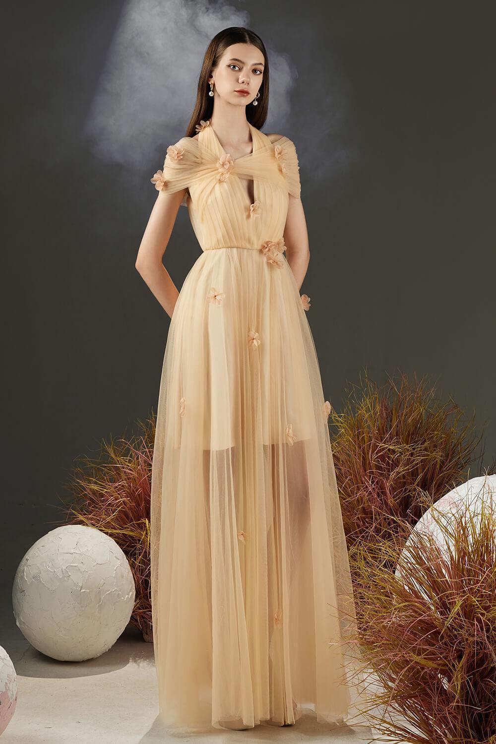 Women's Chandler Pleated Halter Neck Mesh Sheer Maxi Dress XS/S/M/L/XL Blue/Beige Mean Blvd XL / Beige Women's Chandler Pleated Halter Neck Mesh Sheer Maxi Dress XS/S/M/L/XL Blue/Beige Mean Blvd XL / Beige