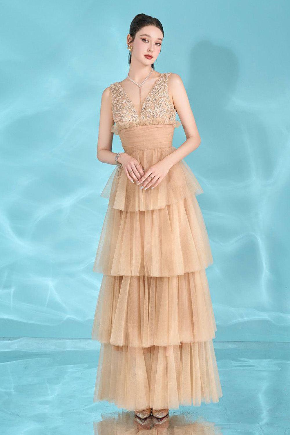 Women's Charles Layered V-Neck Tulle Floor Length Dress S/M/L Brown MEAN BLVD Women's Charles Layered V-Neck Tulle Floor Length Dress S/M/L Brown MEAN BLVD
