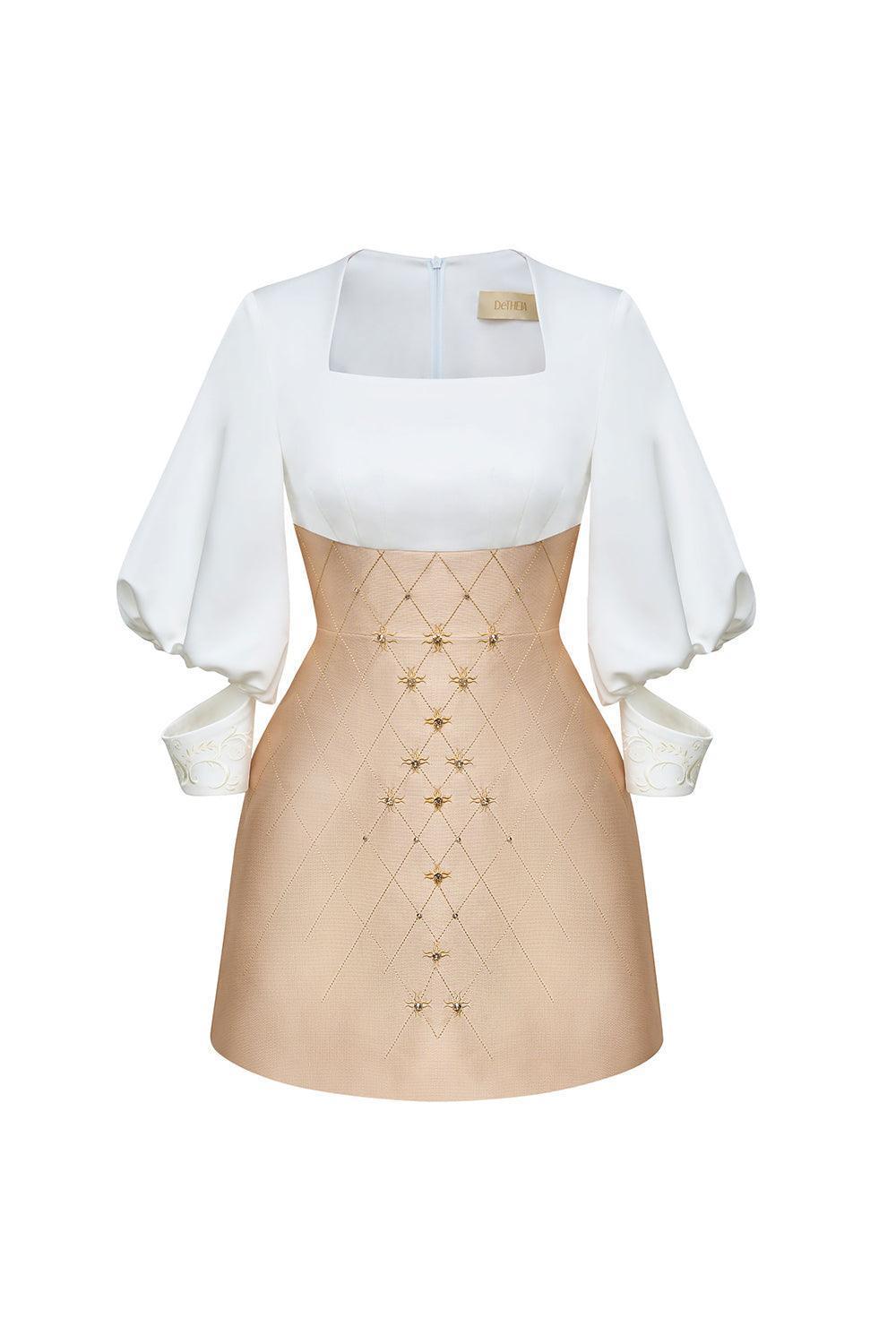 charlotte corset mini dress Women's Charlotte A-line Square Neck Taffeta Mini Dress S/M/L Black and  White /White&Gold MEAN BLVD