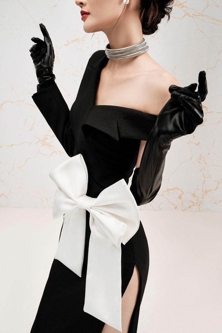 Charlotte Slit Asymmetric Shoulder Burlap Maxi Dress - MEAN BLVD