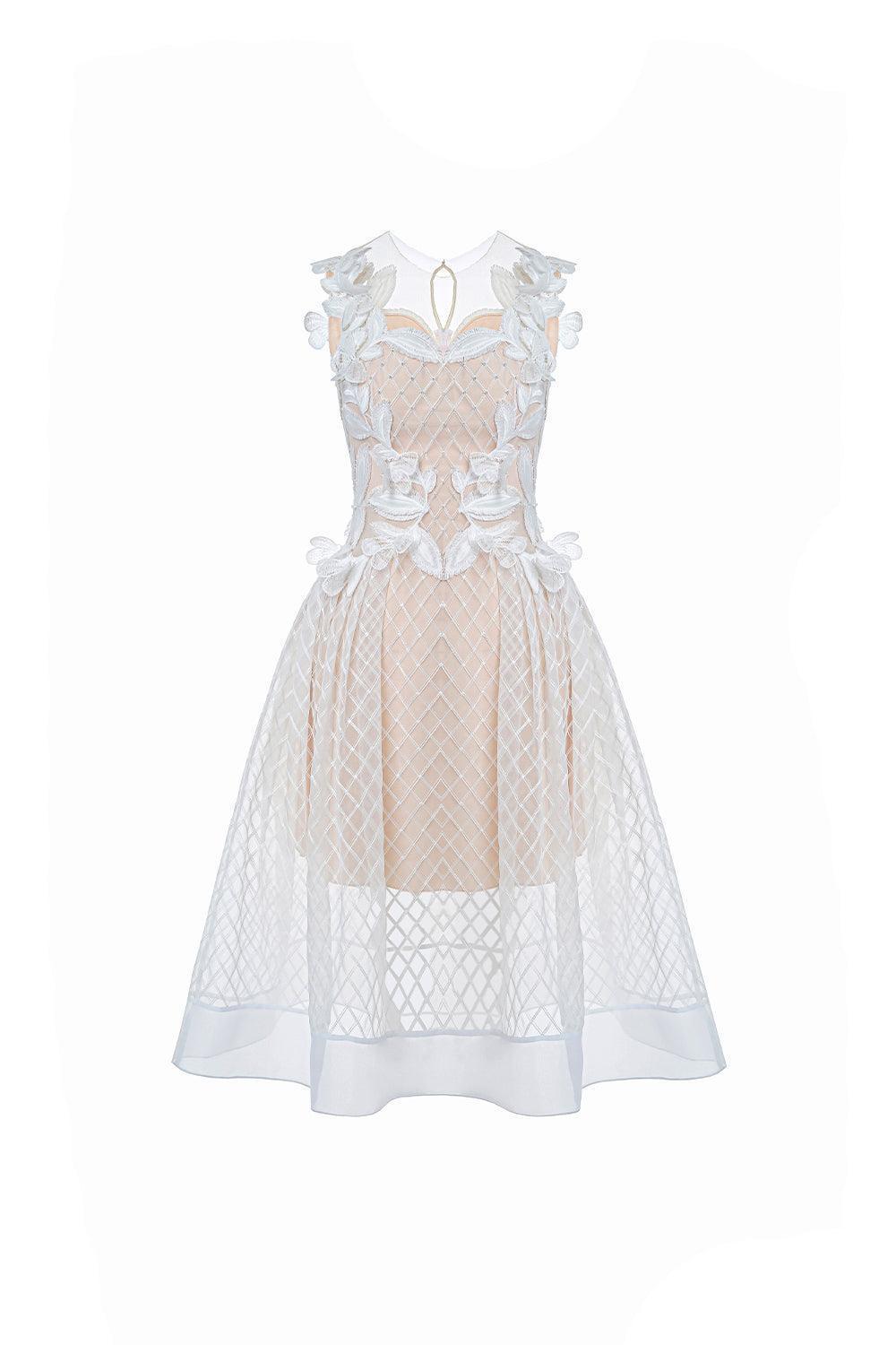 Women's Chloe Fit and Flare Flower Applique Lace Midi Dress S/M/L White/Beige MEAN BLVD M / White/Beige Women's Chloe Fit and Flare Flower Applique Lace Midi Dress S/M/L White/Beige MEAN BLVD M / White/Beige