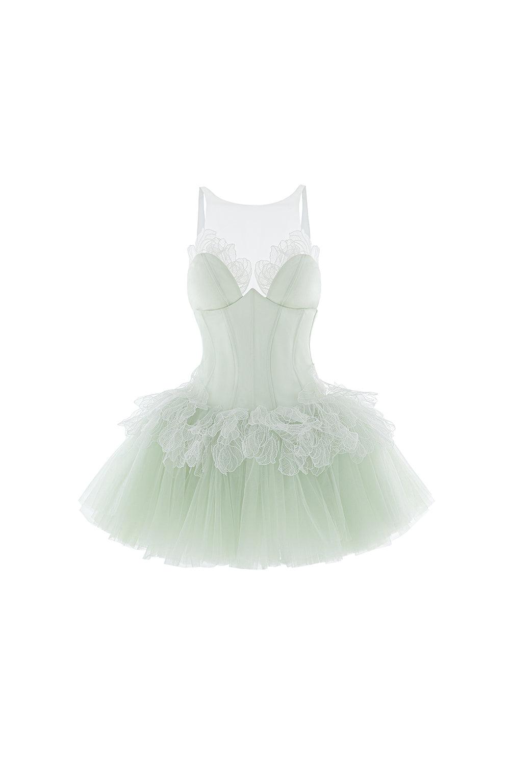 fitted lace wedding dress Women's Chlorys Fit and Flare Illusion Neck Mesh Taffeta Mini Dress XS/XS/S/M/L/XL/Customize Pastel Green Mean Blvd Pastel Green / S