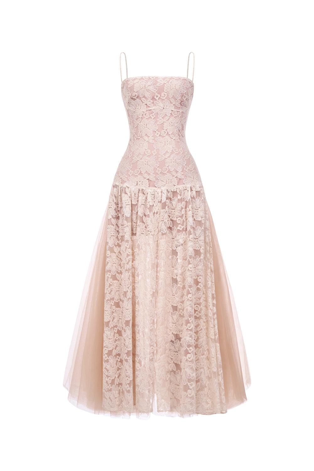 Women's Cinderella Drop Waist Spaghetti Strap Mesh Lace Maxi Dress  S/M/L/Customize Beige MEAN BLVD