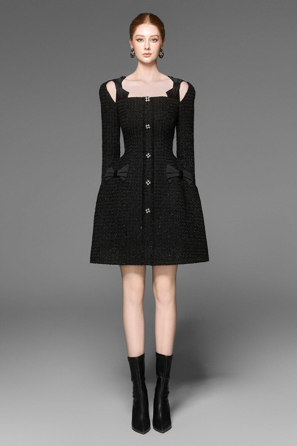 L’aubeblanc Tweed Wrap Dress Black Women's Coco A-line Cut-Out Tweed Mini Dress XS/S/M/L/XL