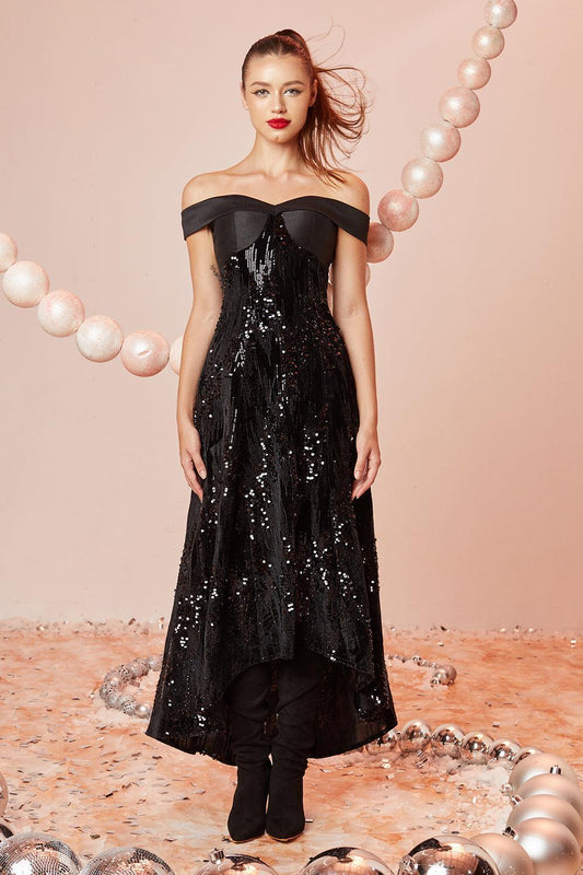 Confetti A-line Off-Shoulder Velvet Ankle Length Dress - MEAN BLVD