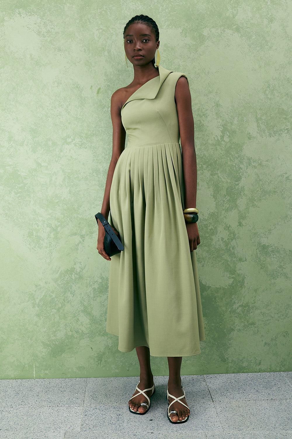 Women's Crossandra A-line Waist Pleated Twill Midi Dress S/M/L Olive MEAN BLVD Women's Crossandra A-line Waist Pleated Twill Midi Dress S/M/L Olive MEAN BLVD