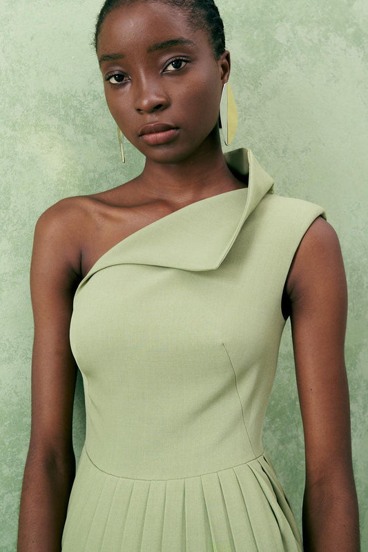 Crossandra A-line Waist Pleated Twill Midi Dress - MEAN BLVD