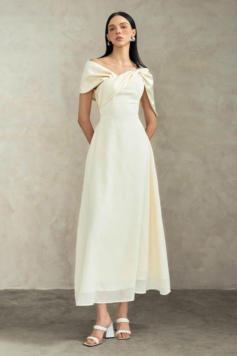 Women's Crystal A-line Twisted Silk Ankle Length Dress S/M/L/XL Cream/Black MEAN BLVD Cream / L Women's Crystal A-line Twisted Silk Ankle Length Dress S/M/L/XL Cream/Black MEAN BLVD Cream / L