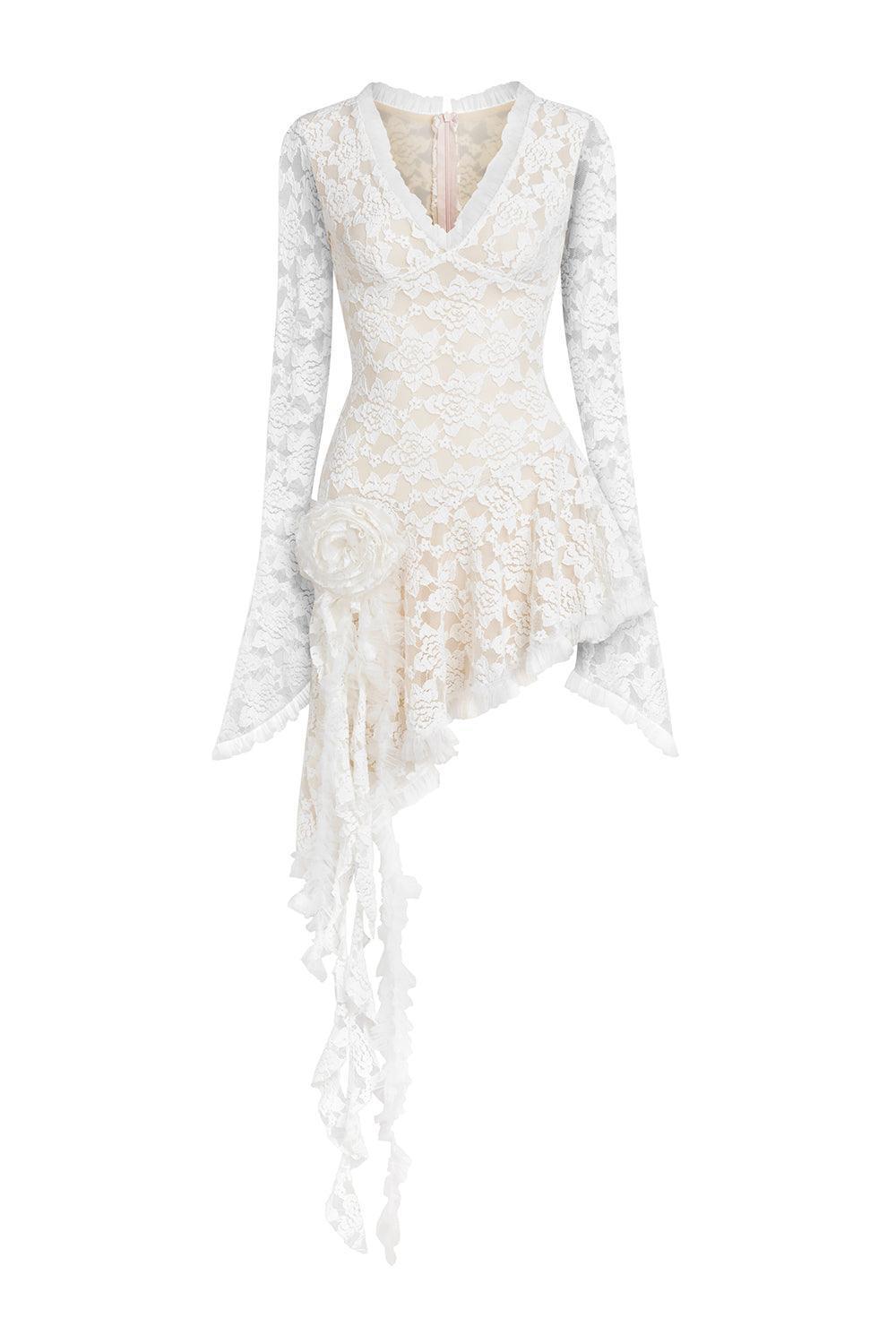 Women's Cuevas Asymmetric Poet Sleeved Lace Mini Dress XXS/XS/S/M/L White MEAN BLVD White / XXS Women's Cuevas Asymmetric Poet Sleeved Lace Mini Dress XXS/XS/S/M/L White MEAN BLVD White / XXS