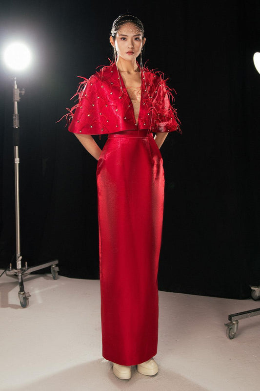 Daleyza Sheath V-Neck Taffeta Floor Length Dress - MEAN BLVD