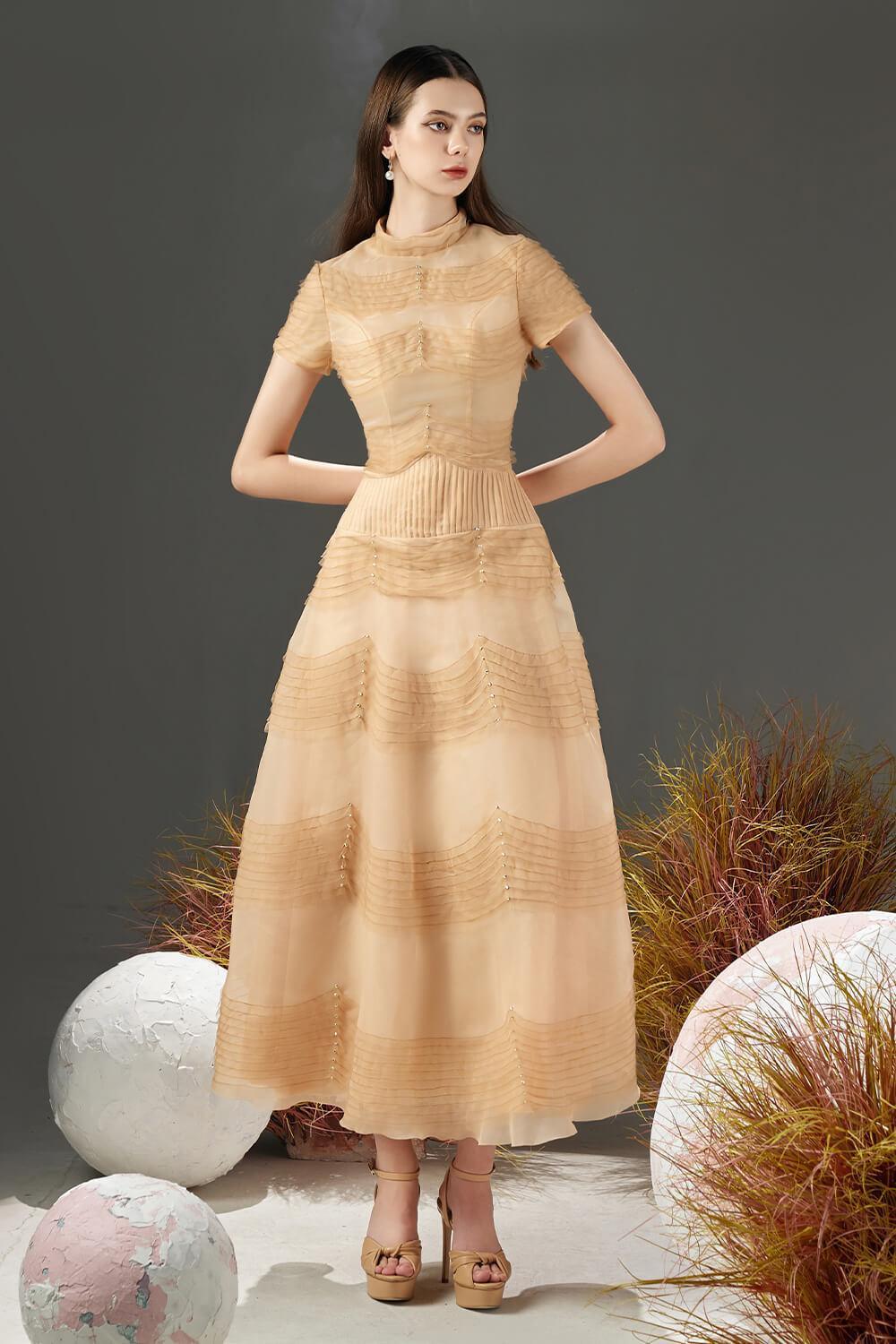 Women's Davie A-line Waist Pleated Organza Midi Dress XS/S/M/L/XL Beige MEAN BLVD L / Beige Women's Davie A-line Waist Pleated Organza Midi Dress XS/S/M/L/XL Beige MEAN BLVD L / Beige