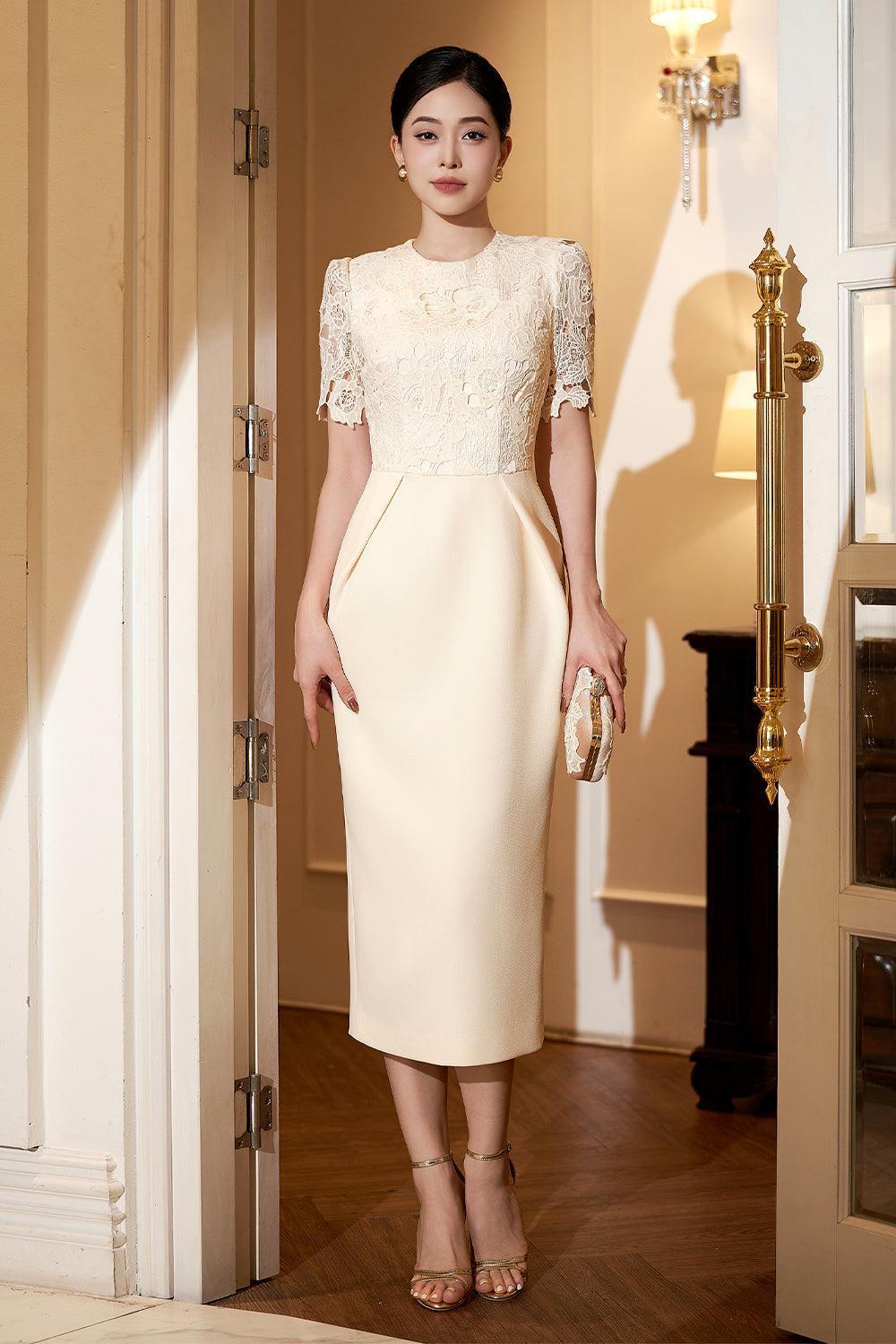 Women's Delphine Pencil Round Neck Silk Lace Midi Dress S/M/L/Xl Ivory White Mean Blvd Ivory White / M Women's Delphine Pencil Round Neck Silk Lace Midi Dress S/M/L/Xl Ivory White Mean Blvd Ivory White / M