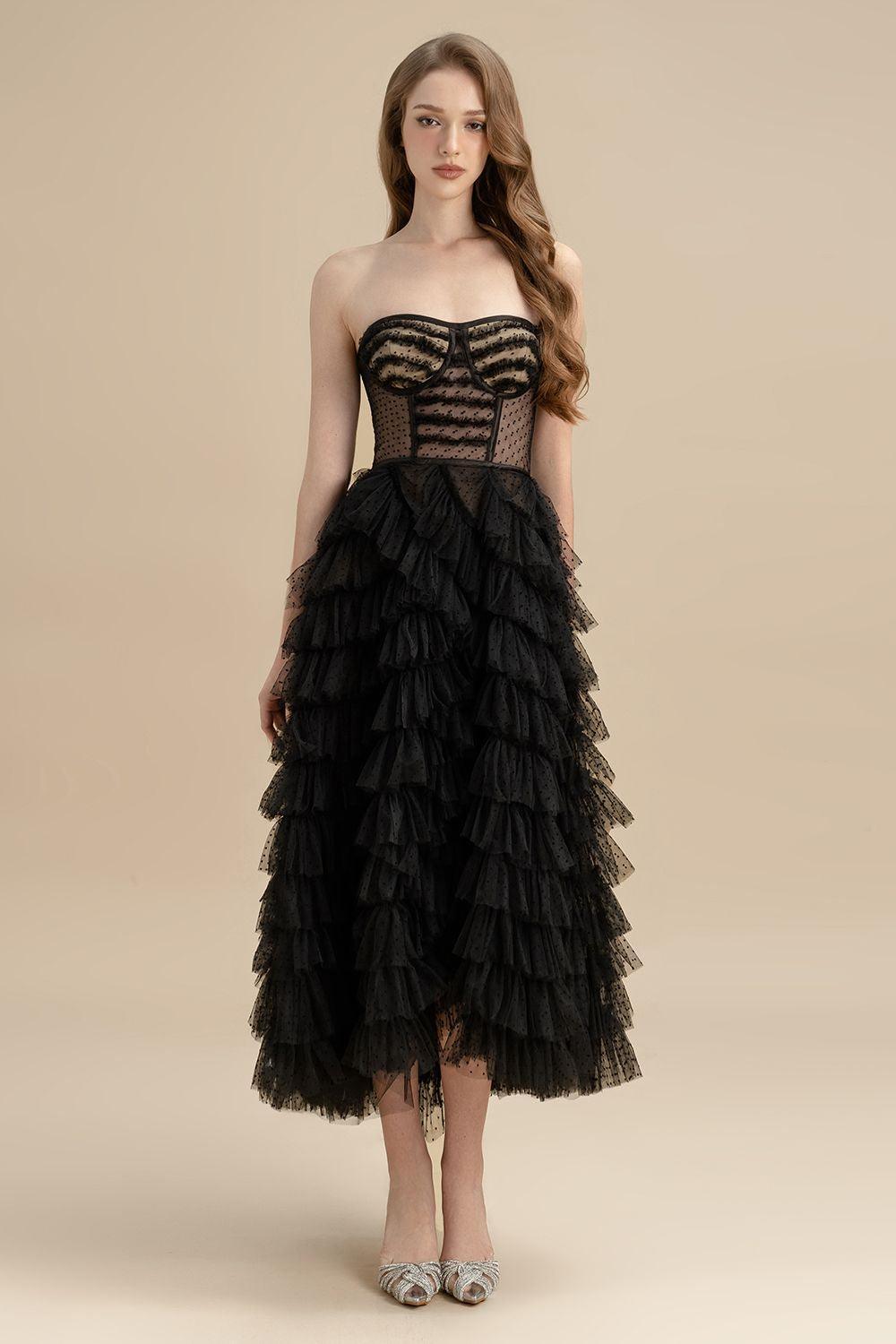 Delta Layered Semi-Heart Neck Tulle Midi Dress - Black / XS Delta Layered Semi-Heart Neck Tulle Midi Dress - Black / XS